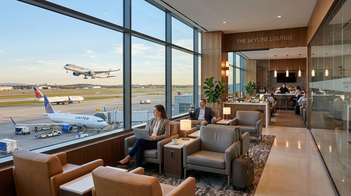 Traveler looking out from an airport lounge toward the runway